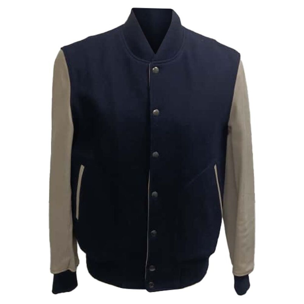 Mr. P. Melton Bomber Jacket in Navy Blue Wool and Leather